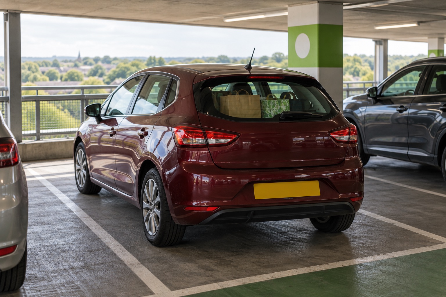 Illustrative shopping-centre parking scene