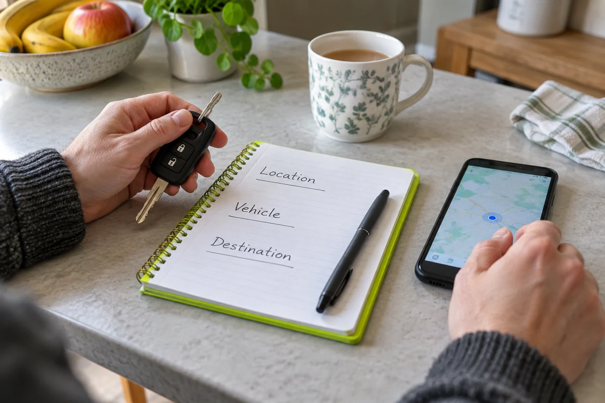 Generated illustration of car keys and a location, vehicle and destination checklist