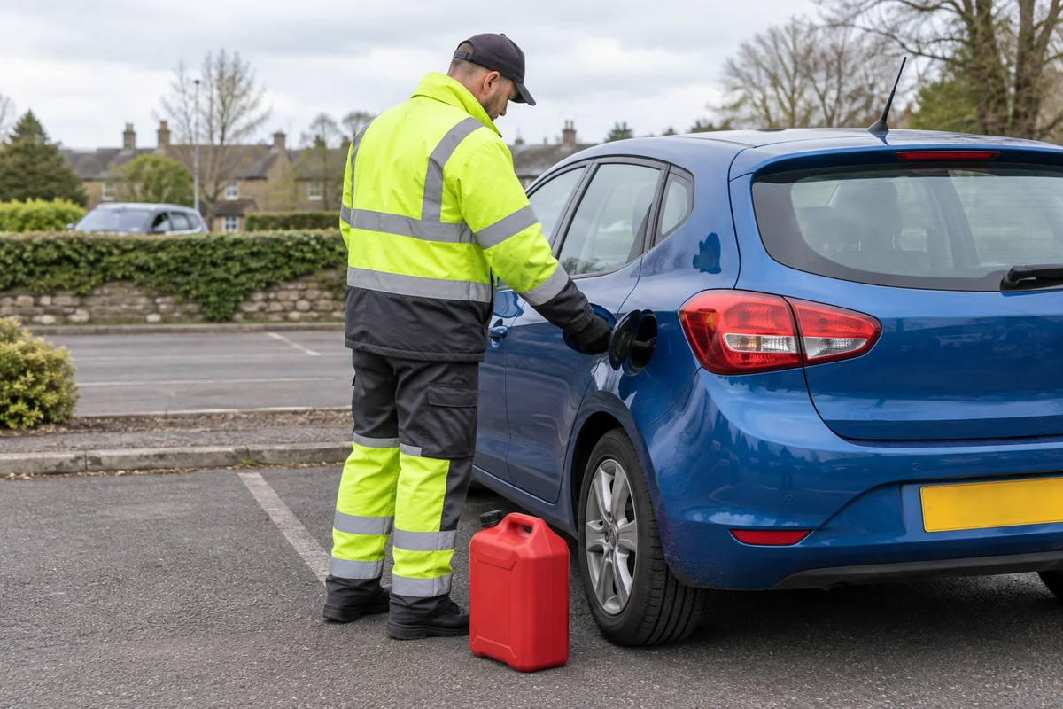 Generated illustration of roadside fuel assistance beside a parked car