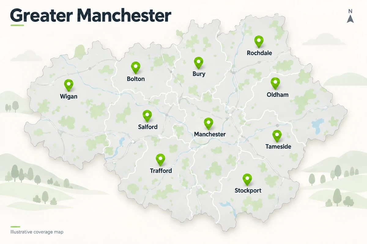 Illustrative map showing the ten boroughs of Greater Manchester