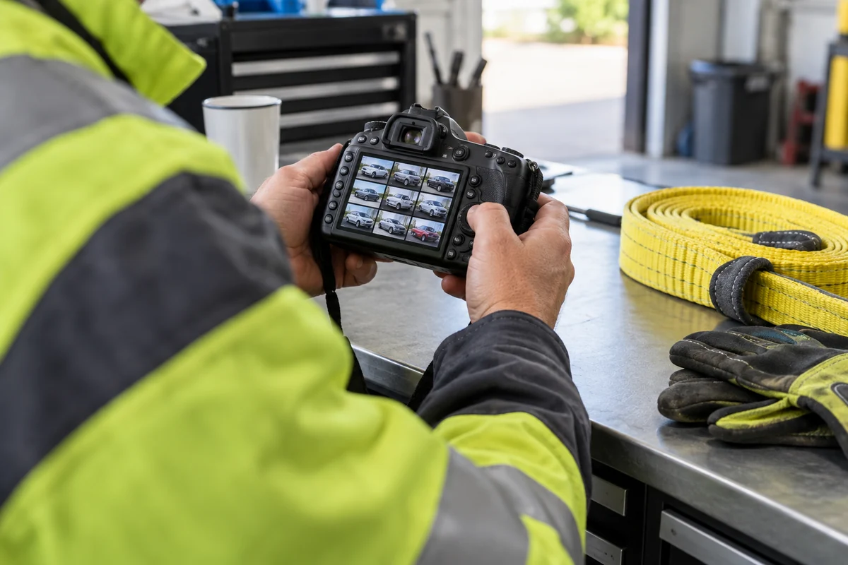 Generated illustration of a recovery technician reviewing vehicle photographs