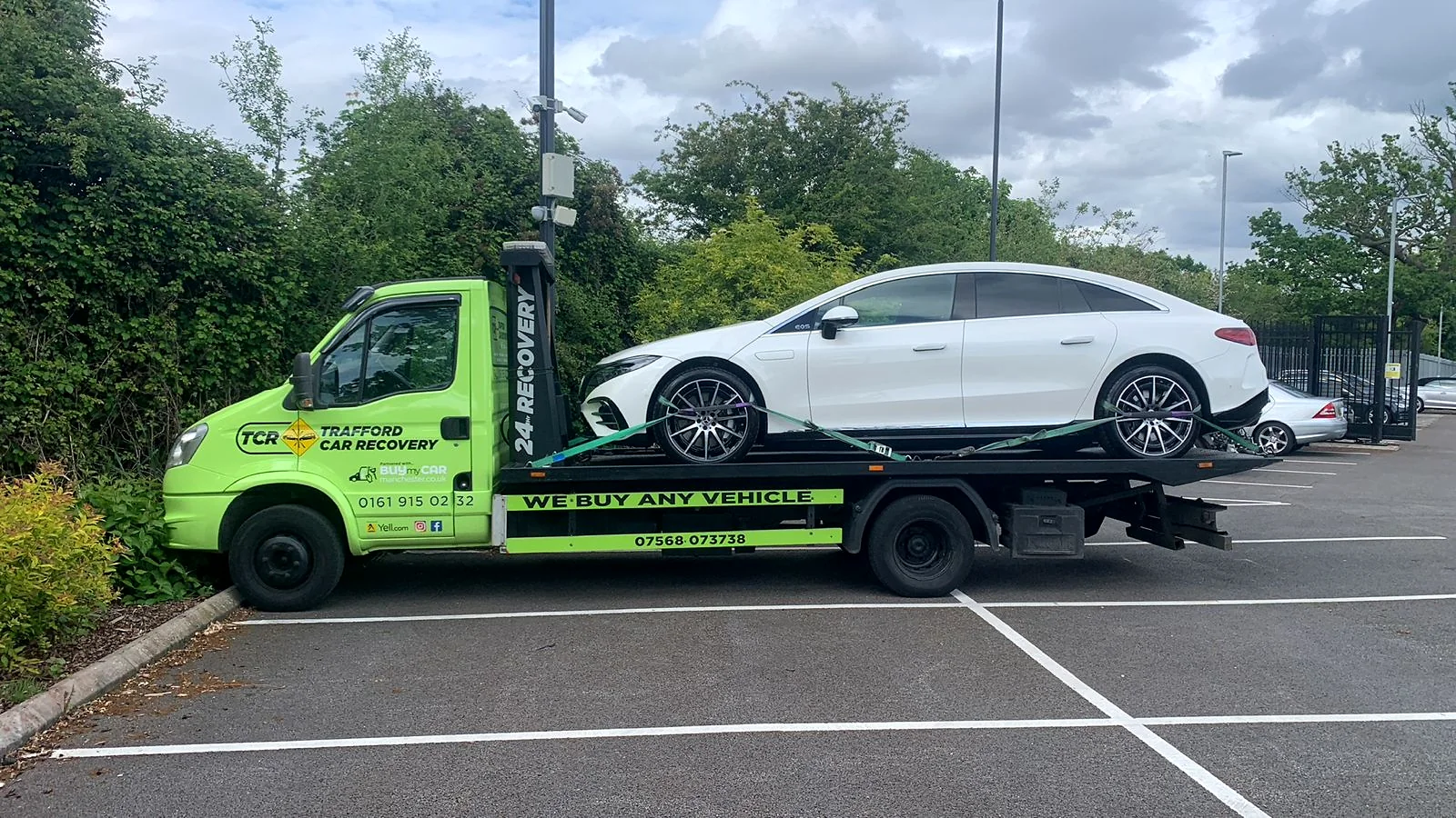 A new Mercedes transported for a customer in Sale as part of its onward export to Dubai.