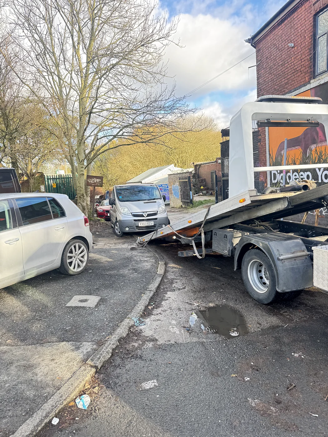 Recovery bed positioned at a narrow residential entrance