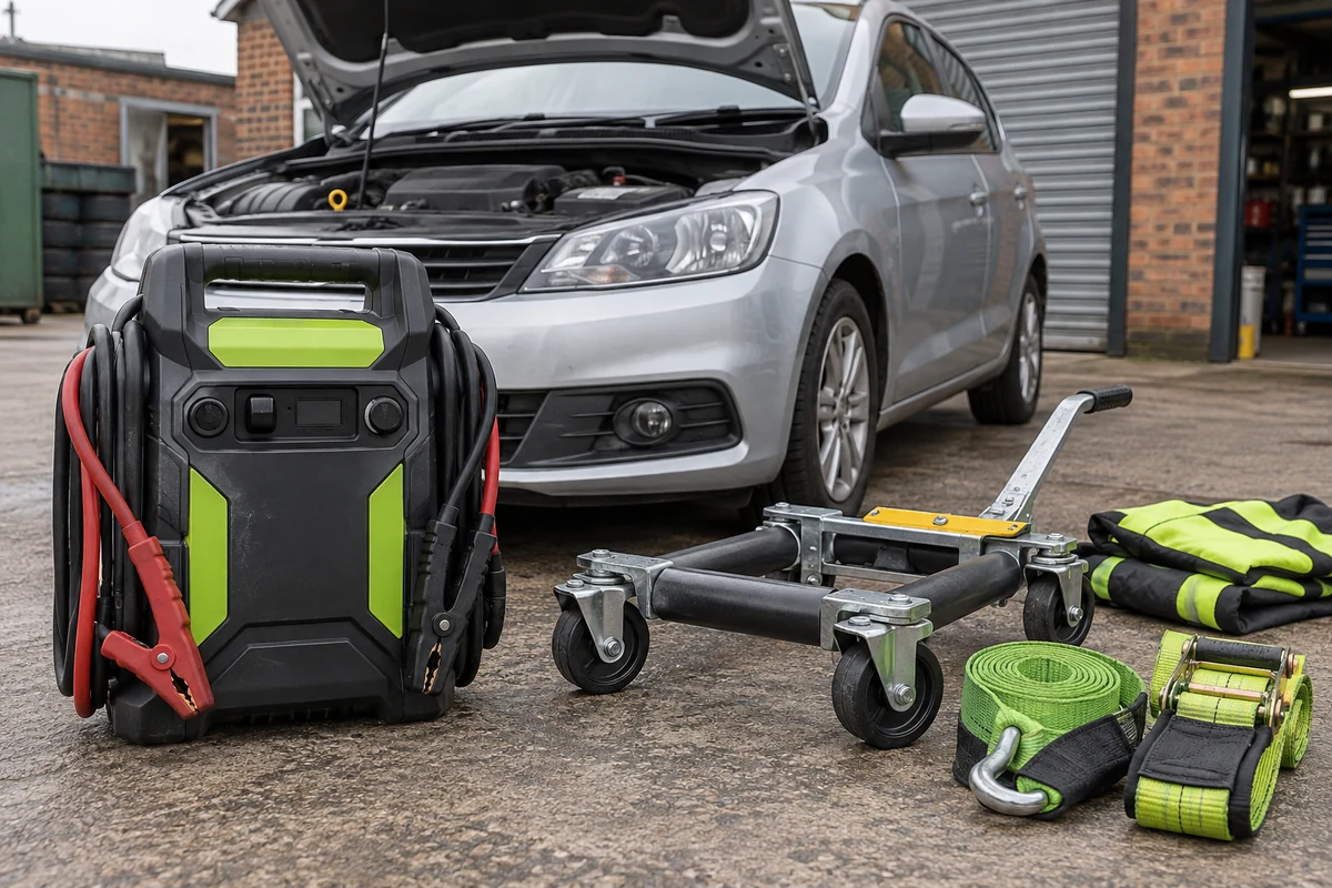 Generated illustration of a booster pack, recovery skate and straps beside a car