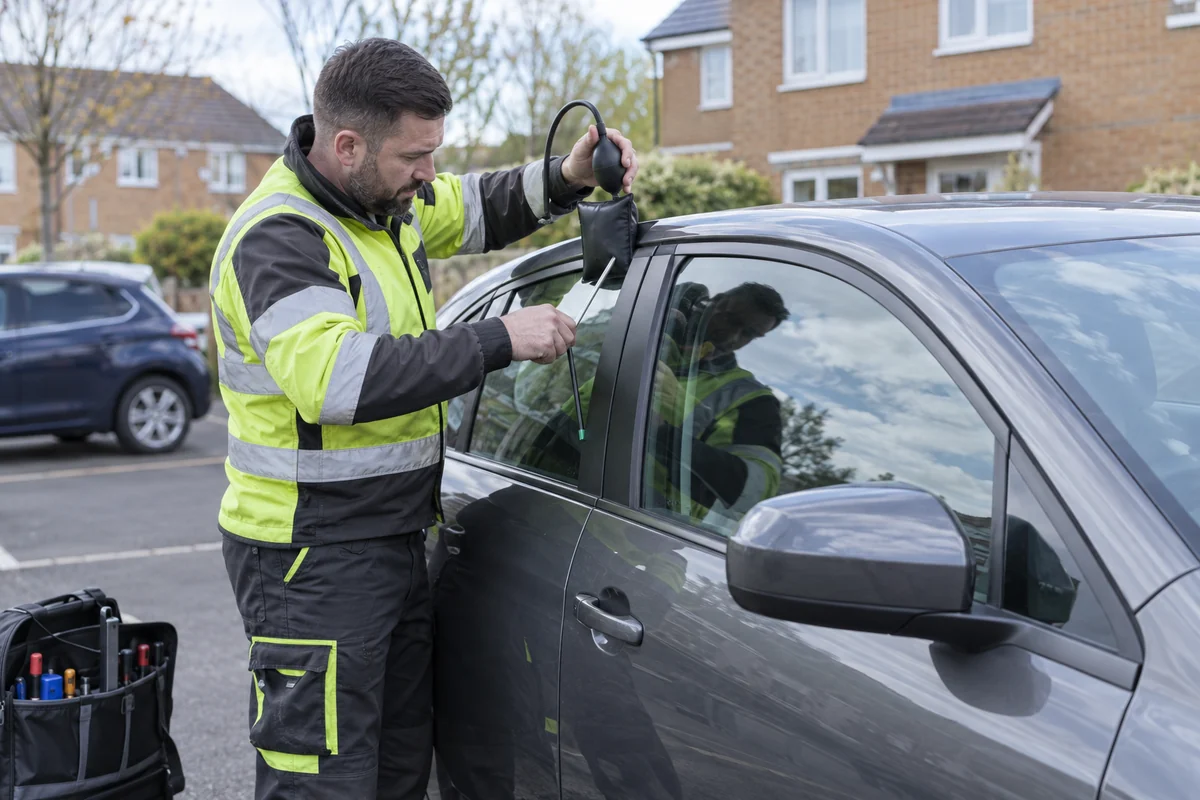 Generated illustration of a technician using a vehicle lockout kit beside a car